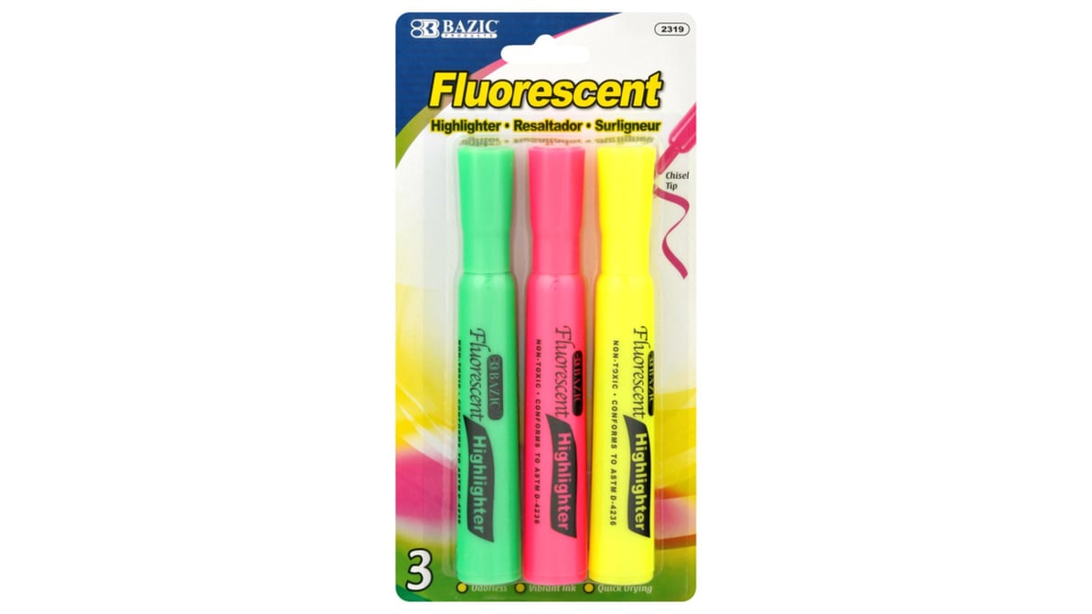 Bazic, Fluorescent Green, Pink, Yellow Highlighter,