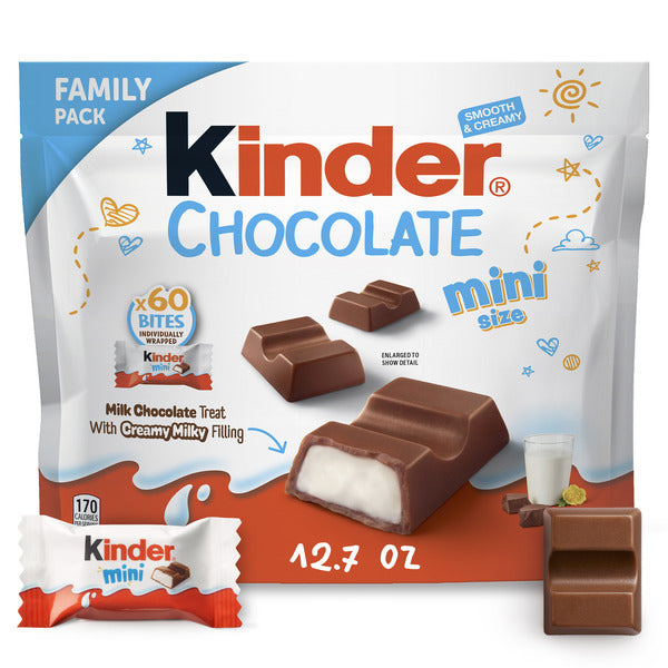 Kinder Chocolate Mini, 12.7 oz, Up to 60 Minis, Milk Chocolate Bar with Creamy Milky Filling, Individually Wrapped Candy, Family Pack